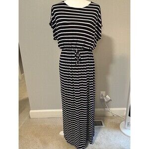 GREEN ENVELOPE Navy Blue White Striped Short Sleeve Cinched Waist Maxi Dress Med